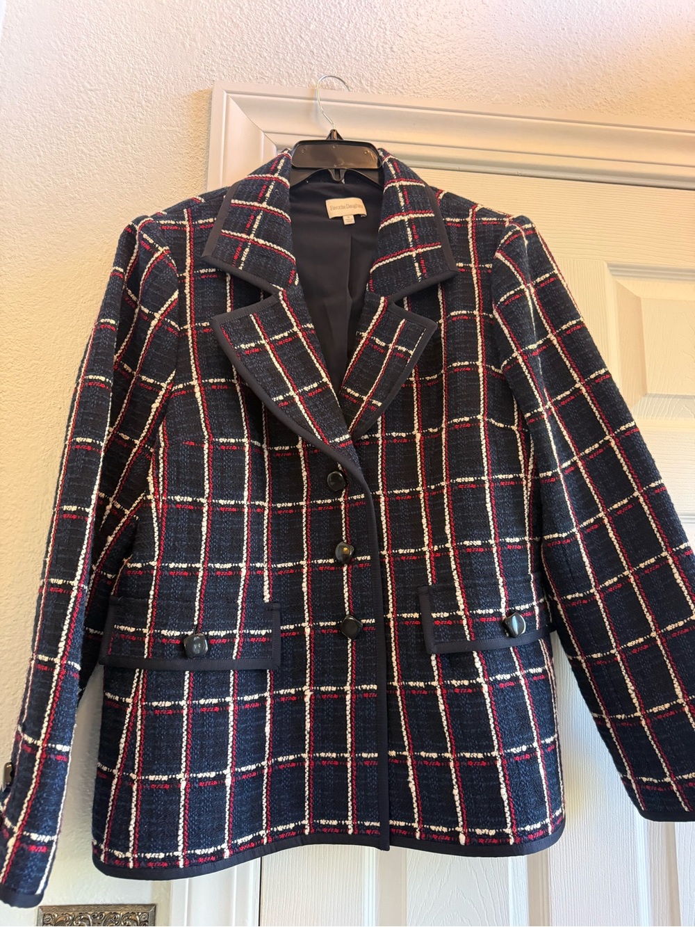 Favorite Daughter "The Classic" Wool Blend Navy Blue Plaid Tweed Jacket – Sz 16